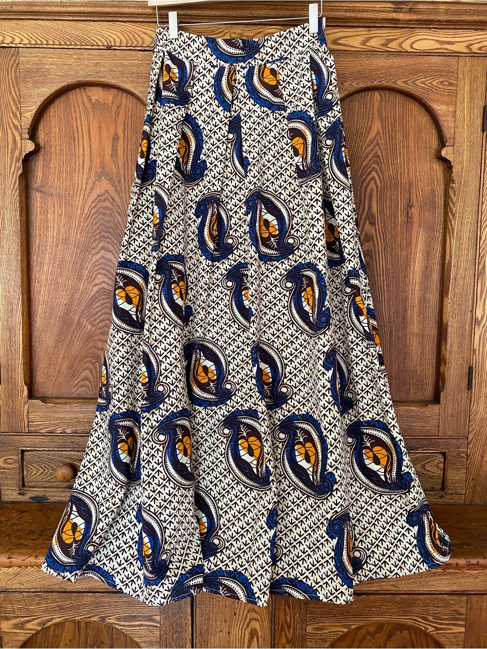 Mille Collines Anthropologie 2 S maxi skirt cotton African wax print brown blue